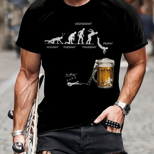 Men's Beer Patterned Printed T-shirt, Casual Short Sleeved Round Neck T-shirt, Outdoor Men's Clothing