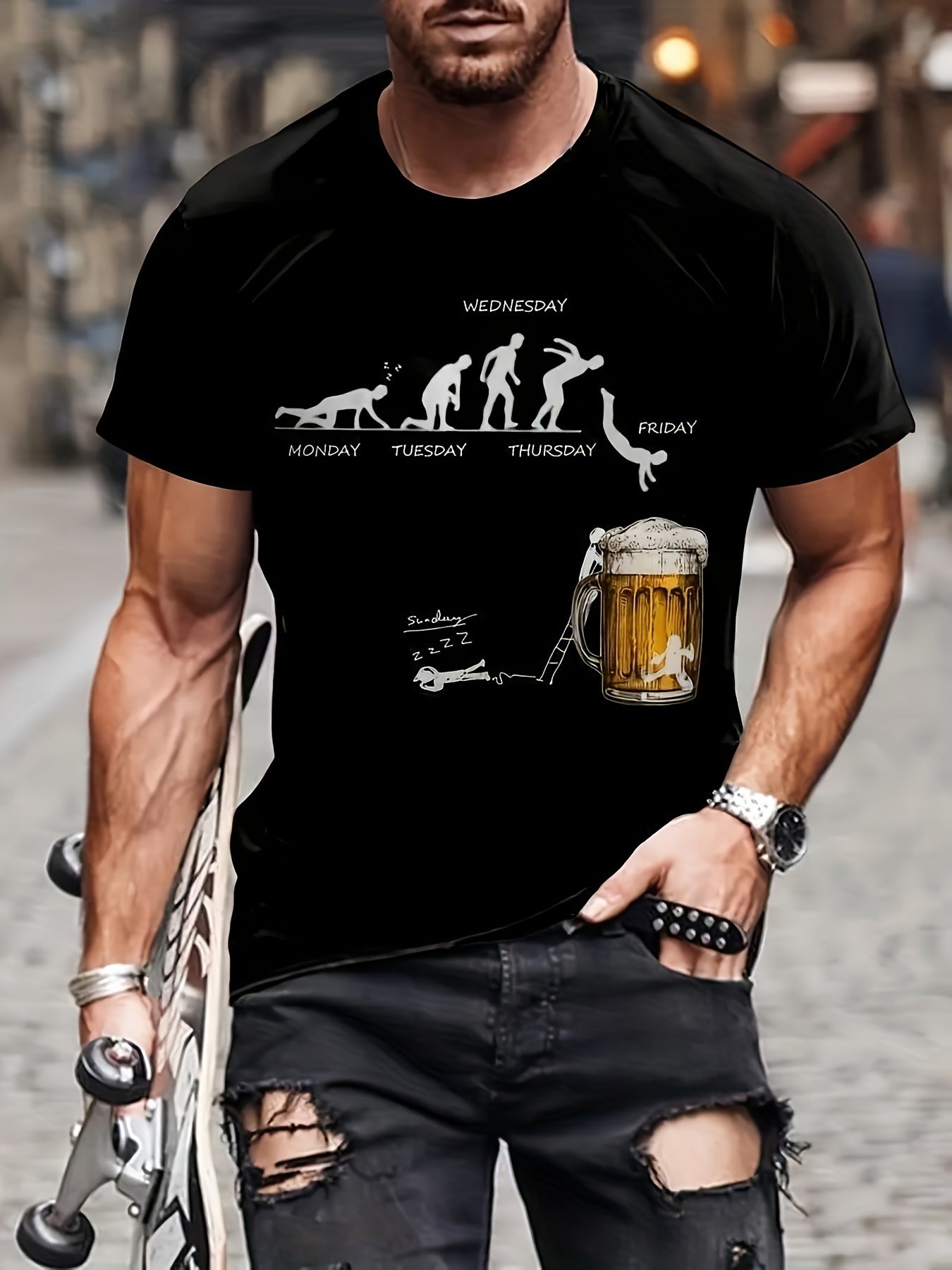 Men's Beer Patterned Printed T-shirt, Casual Short Sleeved Round Neck T-shirt, Outdoor Men's Clothing